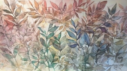 A soft background of leaves in digitally illustrated watercolor and ink style. Generative AI. 