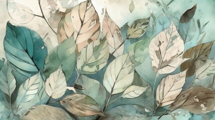 Sticker - A soft background of leaves in digitally illustrated watercolor and ink style. Generative AI. 