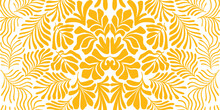 Yellow Abstract Background With Tropical Palm Leaves In Matisse Style. Vector Seamless Pattern With Scandinavian Cut Out Elements.