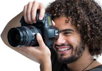 Close up of cheerful male photographer taking picture with camera 