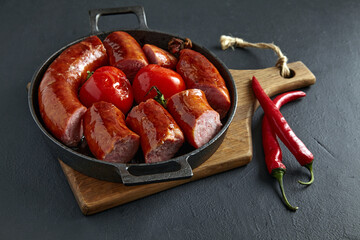 Wall Mural - Fried pork sausage cut into pieces in a cast iron pan with tomatoes and hot peppers on a wooden cutting board on a dark stone table