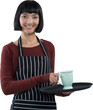 Smiling waitress holding a tray of coffee cup against white background