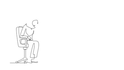 Poster - Animated self drawing of continuous line draw sad Arab businesswoman sitting on chair thinking about finding money for paying bills. Financial problems and bankruptcy. Full length one line animation