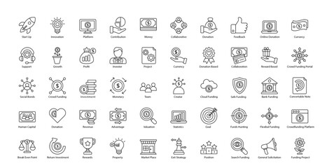 Wall Mural - Crowd Funding Thin Line Icons Finance Financial Business Icon Set in Outline Style 50 Vector Icons in Black