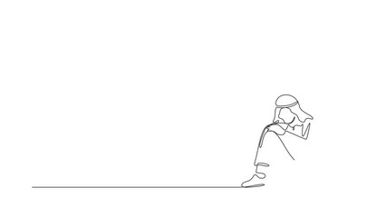 Poster - Animated self drawing of continuous line draw very sad Arab businessman sitting alone on the floor. Depressed young man disorder, sad, sorrow, disappointment symptom. Full length single line animation