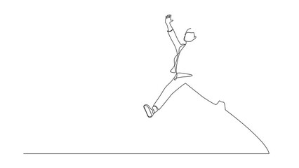 Wall Mural - Animated self drawing of continuous line draw happy businessman jumping with spreads both legs and raises one hand. Salesman celebrates salary increase from company. Full length one line animation