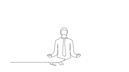 Poster - Animated self drawing of single continuous line draw businessman doing yoga. Office worker sitting in yoga pose, meditation, relaxing, calm down and manage stress. Full length one line animation