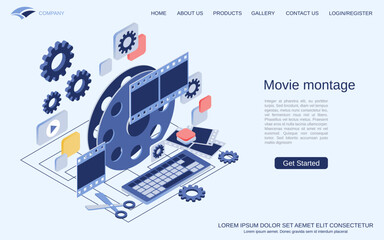 Wall Mural - Movie montage, video production modern 3d isometric vector concept illustration. Landing page design template