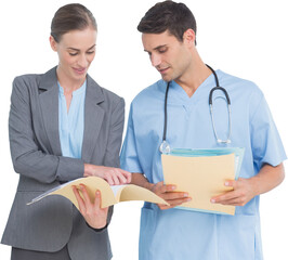 Wall Mural - Male and female doctors discussing over reports