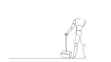 Wall Mural - Animated self drawing of continuous line draw robots stands holding big hammer and shield. Humanoid robot cybernetic organism. Future robotics development concept. Full length single line animation