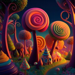 lollipops in the park, colorful candy land playground, sweet swirl candies, isolated background, cute cartoon environment happy amusement park, fantasy world, hills epic cinematic generative ai 