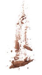 Wall Mural - Cocoa powder fall fly in mid air, Cocoa powder floating explosion. Cocoa powder Chocolate chip crunch throw in air. White background isolated freeze motion high speed shutter