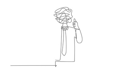 Wall Mural - Self drawing animation of single line draw businessman with round scribbles instead of head. Confused manager showing thumb up. Deal, like, agree, approve. Continuous line draw . Full length animated