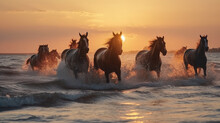 Herd Of Horses Galloping In The Sea At Sunset In Summer   Ai Generated Artwork