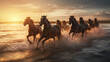 Herd of horses galloping in the sea at sunset in summer   ai generated artwork