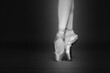 © New Africa - Ballerina in pointe shoes dancing, closeup with space for text. Black and white effect