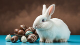 Fototapeta Dinusie - conejo blanco con huevos de pascua