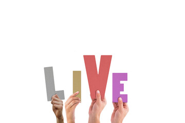 Poster - Cropped hands holding colorful word live 