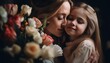 © DesignVectX - Little girl holding flowers, hugging her mother and celebrating mother's day. Generative AI