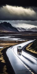 Wall Mural - Touring Iceland by car, driving on Icelandic roads Generative AI