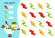 Counting educational children game, math kids activity sheet. How many objects task. Vector illustration of a cute snowman skating.
