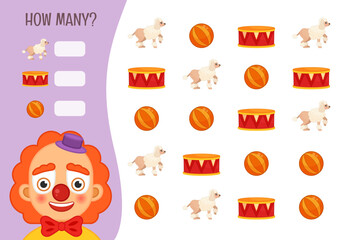 Poster - Counting educational children game, math kids activity sheet. How many objects task. Vector illustration of a cute clown.
