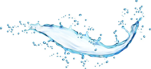  Blue water wave splash with drops, water flow