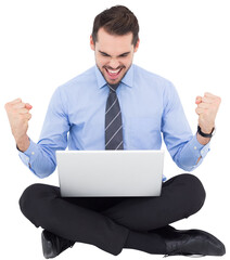 Poster - Businessman sitting with his laptop cheering