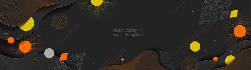 Wall Mural - Modern Memphis Banner Background, illustration dark black color with geometric elements for web page,  blog, cover, ad, greeting card.