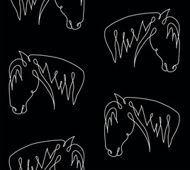 Canvas Print - Vector seamless pattern of hand drawn one line horse head isolated on black background