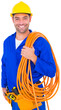 Smiling handyman with rolled wire on white background
