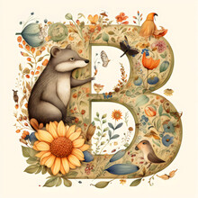 Letter Illustrations For Children Books, English Alphabet For Kids, Made Of Animals And Flowers