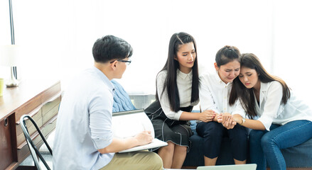 session of Hypnotherapy and rehab therapy. Group of Asian woman people giving support   depressed crying female at group psychological treatment