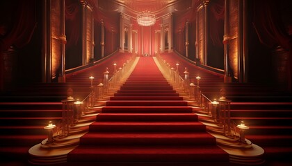 red carpet bollywood stage, maroon steps spot light backdrop of the golden regal awards. generative 