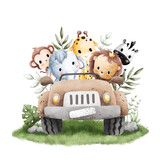 Fototapeta Pokój dzieciecy - Watercolor Illustration cute baby animals riding brown safari jeep