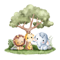 Wall Mural - Watercolor Illustration cute baby animals sitting under the tree