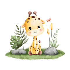 Wall Mural - Watercolor Illustration cute baby giraffe sitting on the grass with leaves