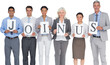 © vectorfusionart - Smiling business people holding join us sign