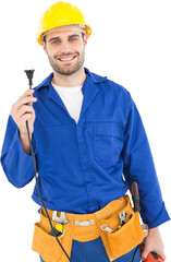 Wall Mural - Smiling repairman holding electric plug