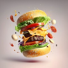 Burger With Delicious Ingredients And Splash Of Sauce, Isolated. Delicious Hamburger, Unusual Design Isolated On White Background. Floating Cheese Burger Banner And Poster Design. Generative Ai.