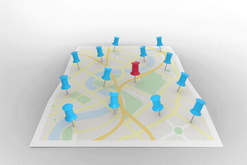 Wall Mural - red pointer surrounded by blue markers on world map