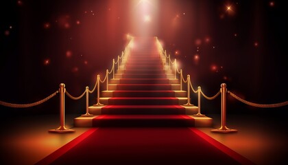 Red Carpet Bollywood Stage, Maroon Steps Spot Light Backdrop of the Golden Regal Awards. Generative ai