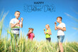 © Pixel-Shot - Greeting card for Happy Children's Day with little kids blowing soap bubbles in field