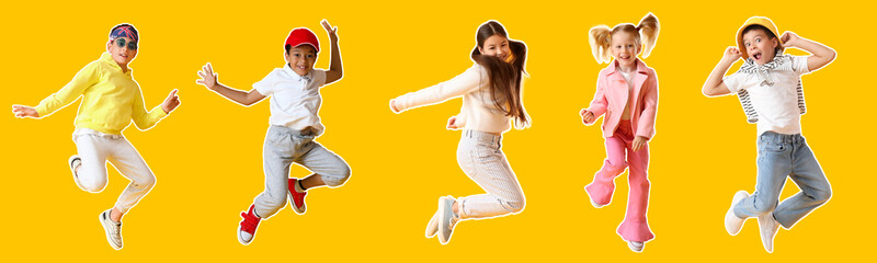 Sticker - Set of jumping little children on yellow background