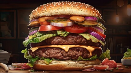 A triple-decker burger with golden buns, juicy meat, and fresh vegetables, perfectly cooked and ready to be devoured, generative ai