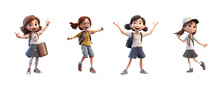 Set Of 3D Cartoon Character Cute Happy Student Kids Girl Dancing, Isolated On White And Transparent Background, Ai Generate