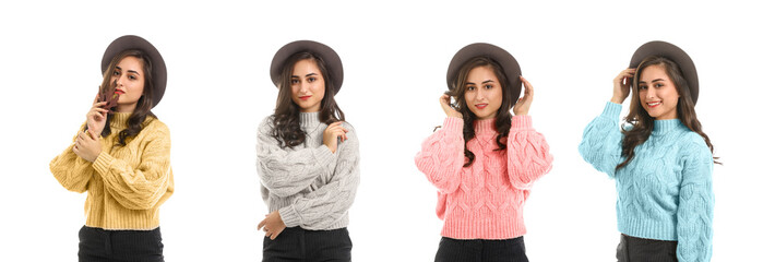 Wall Mural - Collage of young woman wearing knitted sweaters in different colors on white background