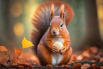 In the fall woodland, a gorgeous red squirrel munches on a hefty walnut. image of a squirrel that piques your curiosity Generative AI