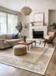 © SHArtistry - A white living room with a rug, wooden floors and an antique fireplace, in the style of earth tone color palette, multi layered, natural fibers, rug, cottagecore, large canvas sizes, ai generative