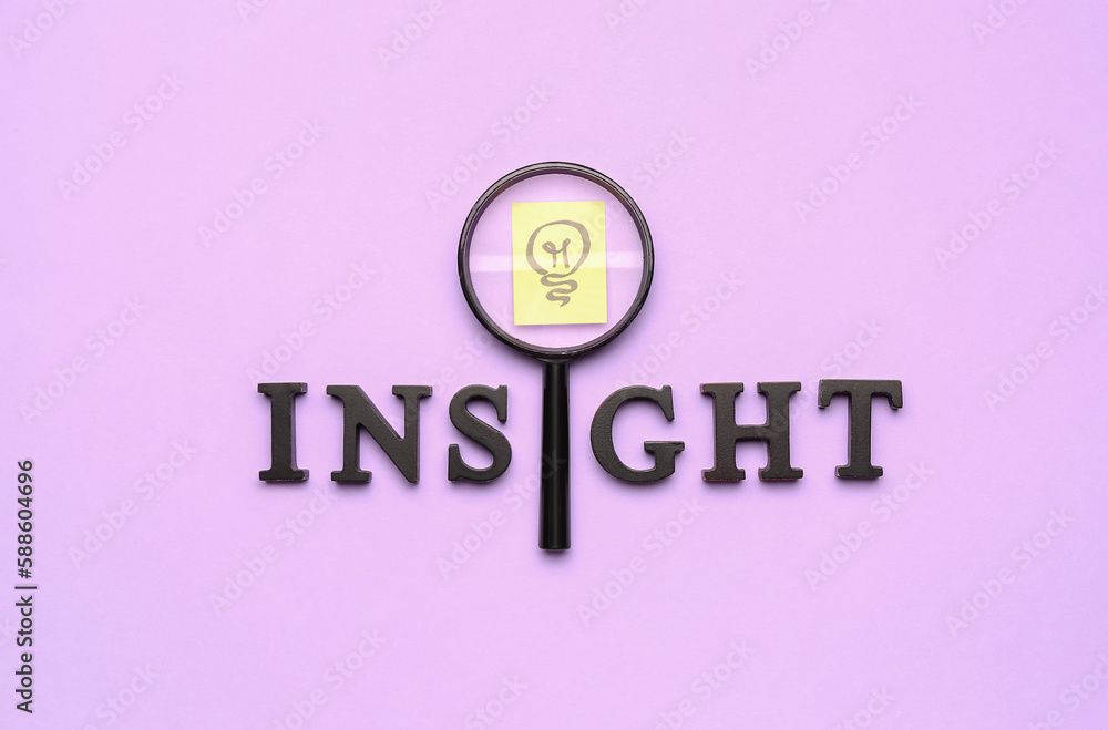 Word INSIGHT with magnifier and drawn light bulb on lilac background